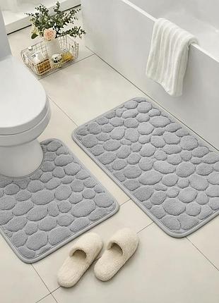 Набір килимків у ванну memory foam stone 2 шт 80×50см та 60×50см, антиковзкі, вологопоглинаючи, світло-сірий