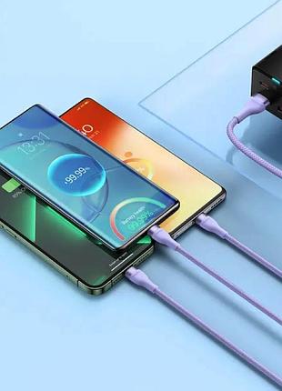 Кабель baseus flash series ⅱ one-for-three fast charging data cable usb to m+l+c 66w 1.2m purple 8
