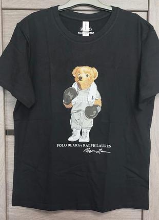 Футболка polo чорна унісекс жіноча чоловіча з ведмедиком bear оверсайз вільного крою