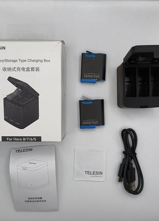Зарядное устройство telesin + 2 аккумулятора для gopro hero 8/7/6/5 black (один акб неисправен)