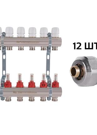 Комплект: thermo alliance standart коллектор латунный с расходомерами 1"х6 sd235w6 + sd евроконус 3/4'х16×2 sd346
