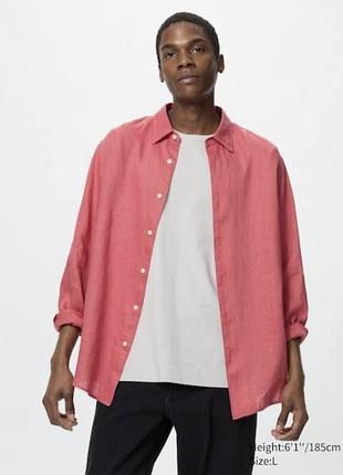 Сорочка uniqlo лляна червона premium linen shirt long sleeve