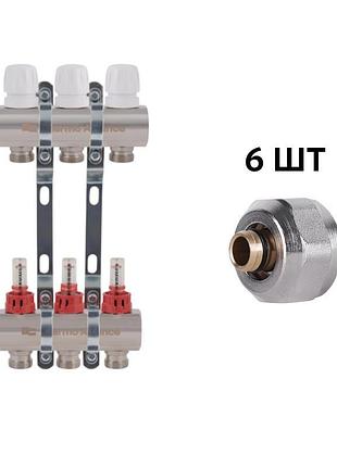 Комплект: thermo alliance standart колектор латунний з витратомірами 1"х3 sd235w3 + sd євроконус 3/4''х16×2