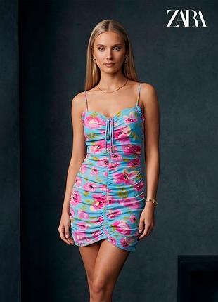 Новое голубое платье в цветочный принт с оборками на бретелях zara xs
