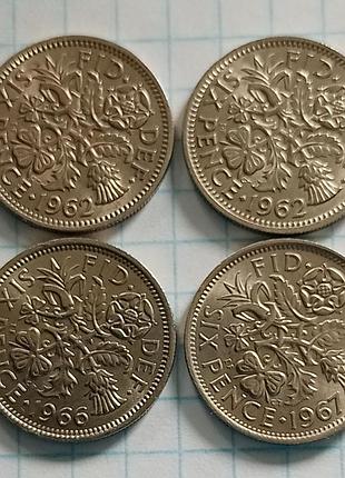 6 пенсів великобританія (4 монети зі збереженим штемпельним блиском) 1962-1967