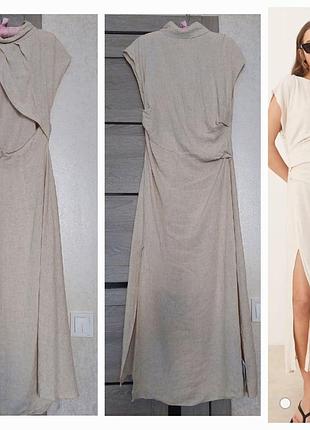 Платье-миди asos design из льняной смеси с открытой спиной и драпированной талией, цвет овсяный (размер l)