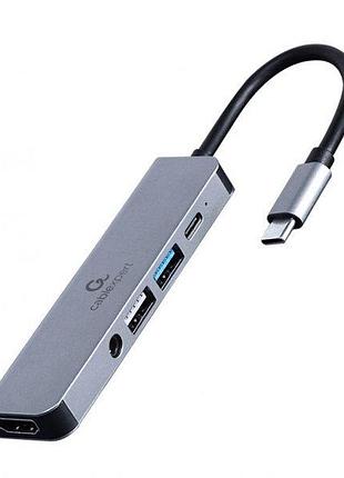 Адаптер cablexpert a-cm-combo5-02, док станція usb-c 5-в-1 (хаб/hdmi/pd/аудио 3,5), сірий