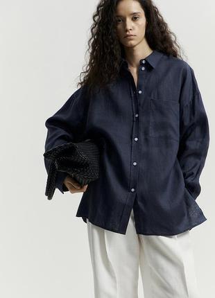 Шикарная рубашка оверсайз натуральный шелк темно синяя большой размер батал