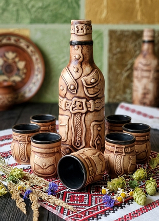 Набор бутылка фляга для вина и 6 стаканов глиняных