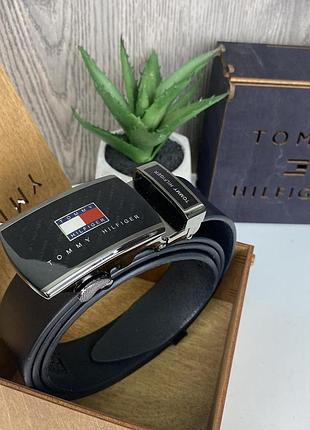 Чоловічий шкіряний ремінь автомат-стиль tommy hilfiger, пояс із натуральної шкіри томмі чорний