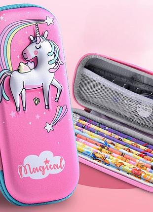 Детский пенал жесткий unicorn, розовый пенал с единорогом, 23×10×5 см