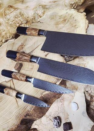 Преміум набір ножів vg-10 damascus 67 шарів 4в1 — santoku, топорик, універсальний, овочевий