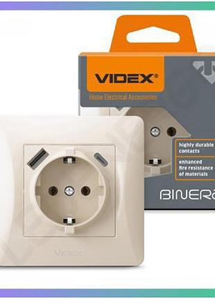Розетка одинарна з заземленням з usb та usb-c videx binera кремова для зарядки мобільних пристроїв