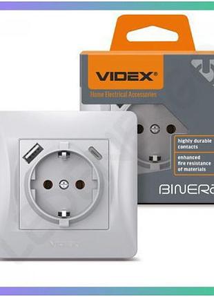 Розетка одинарна з заземленням з usb та usb-c videx binera срібний шовк для зарядки пристроїв