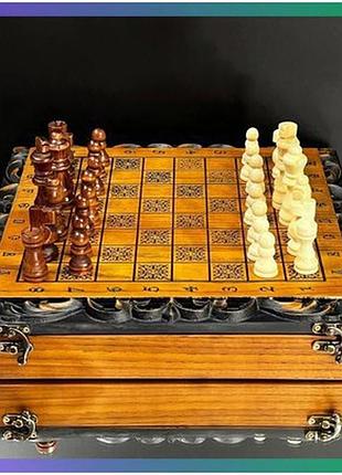 Дерев'яні шахи 33×33 см гросмейстер елегантний набір для гри в шахи та шашки натуральне дерево