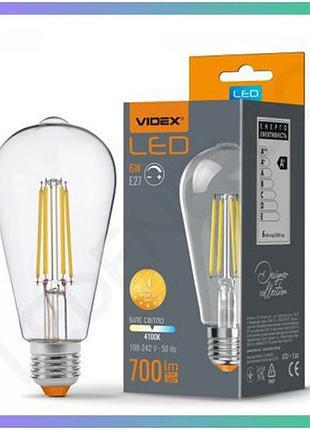 Світлодіодна лампа videx filament st64fd 6w e27 4100k дімерна біле світло для освітлення 20м