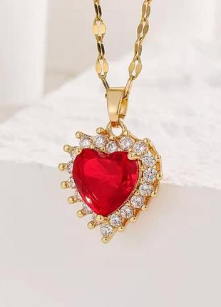 Цепочка женская с кулоном сердцем с красным камнем fashion jewelry золотистая