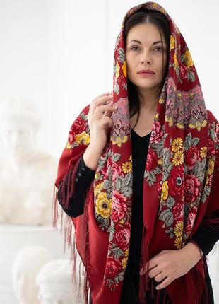 Красный павлопосадский платок цветочный букет 1351
