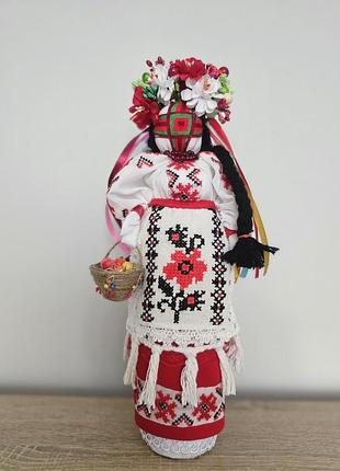 Крафтовая мотанка 35 см красная с корзинкой, оберег для благополучия