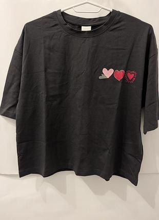 Футболка оверсайз для дівчинки zara, 164,13,14,чорна,з малюнком,бавовна,зара,сіра,широка,вільна,коротка,пряма,літо,кроп