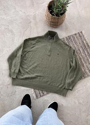 Вінтажний темно зелений светр polo ralph lauren 1/4 зіп кофта напівзамок з маленьким вишитим логотипом великого розміру