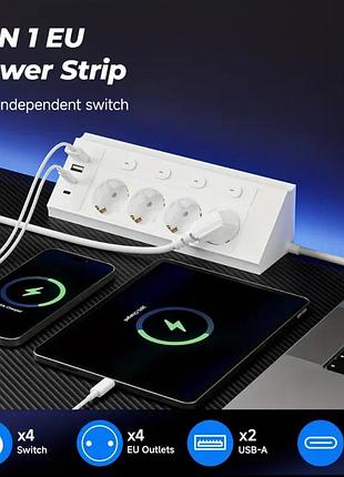 Удлинитель brz-017 8в1, 4 розетки, 2 порта usb a, 2 порта usb с, белого цвета, 1.5 метра