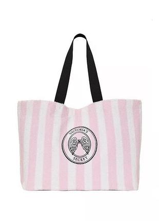 Пляжна махрова сумка vs angel essentials terry tote bag, рожева сумка в смужку