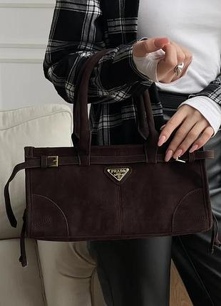 Женская замшевая сумочка prada брендовая классическая сумка из замши прада деловая сумка для девушки через плечо шоколадный