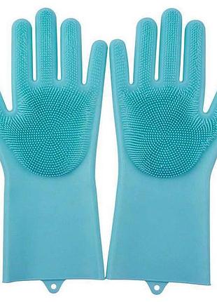 Силиконовые перчатки для мытья и чистки magic silicone gloves с ворсом голубые top shop ua_