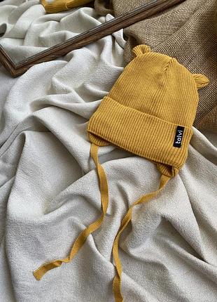 Шапочка в рубчик из мягкой пряжи и хлопковым подкладом 48-50 гірчиця