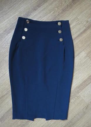Офисная классическая темно-синяя юбка миди карандаш с разрезом h&m4 фото