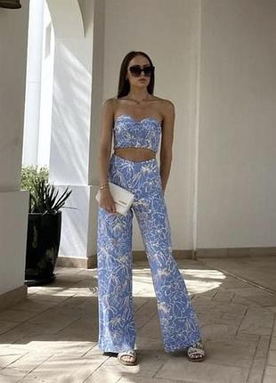 Широкие плотные брюки zara в принт, вискоза+хлопок+лён