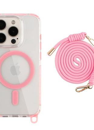 Панель-накладка lanyardcase magsafe tpu+pc для apple iphone 15 pro зі зручним регульованим шнурком pink