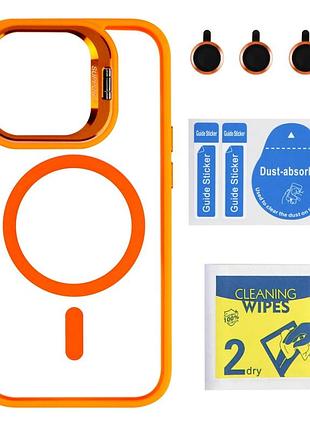 Чехол с подставкой для tpu pc metal stand case з magsafe apple iphone 15 pro линзы на камеру orange