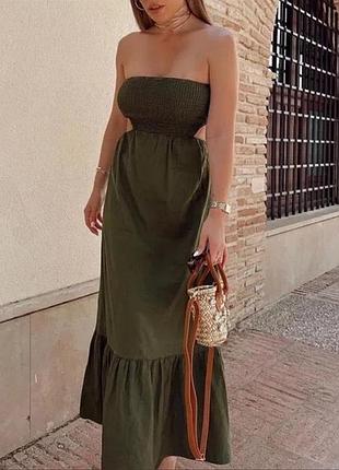 Сукня жіноча міді лляна бандо zara xs-s хакі