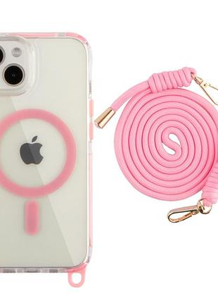 Панель-накладка tpu+pc lanyardcase magsafe для apple iphone 13/iphone 14 зі зручним регульованим шнурком pink
