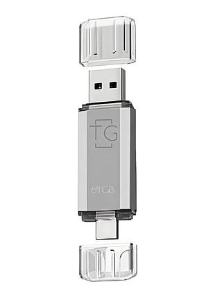 Флешка юсб t&g 009 2&1 usb/type c 64gb usb flash drive 2.0 память 64 гб silver