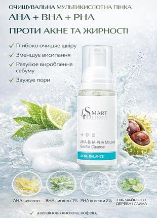 Пінка для обличчя від акне smart4derma acne balance 80 мл мультикислотна очищувальна для жирної проблемної шкіри з aha bha pha ніа