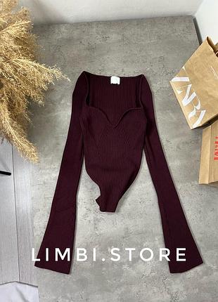 🌷бордова кофтинка кофта лонгслів в рубчик з гарним вирізом h&m рукав кльош лонгслив с вырезом бордовый рукав клёш