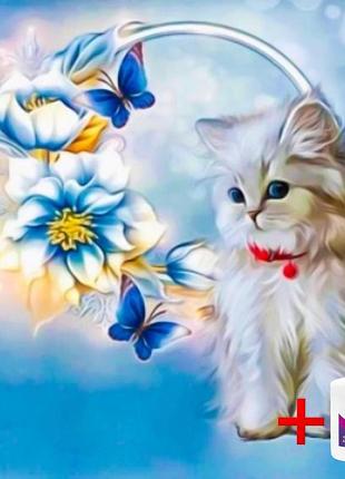 Алмазна мозаїка на підрамнику colorart котик з квітами 20х20 ddp1216 + подарунок лак для покриття