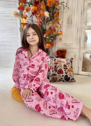 Пижама утепленная детская на пуговицах для девочки с принтом barbie. 152-158