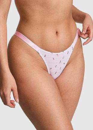Розовые трусики victoria’s secret pink оригинал logo cotton high-leg micro thong стринги резинка