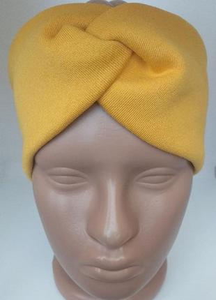 Пов'язка на голову чалма тюрбан вузлик для волосся жіночий жовтого гірчичного кольору на флісі5 фото