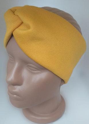Пов'язка на голову чалма тюрбан вузлик для волосся жіночий жовтого гірчичного кольору на флісі6 фото