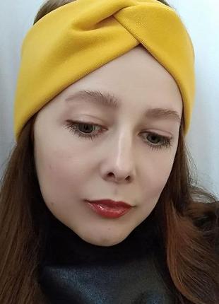 Пов'язка на голову чалма тюрбан вузлик для волосся жіночий жовтого гірчичного кольору на флісі3 фото