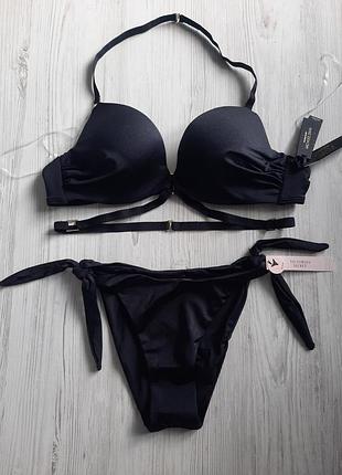 Черный купальник двойной пуш-ап victoria's secret оригинал 36а 80а 80в 85а 85в виктория сикрет со стразами с камнями стразы высокие трусики портупея