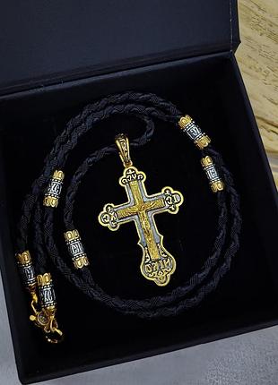 Серебряный подвес и шнурок со вставками из серебра 925 пробы с позолотой и чернением 846/3з+кр0113з