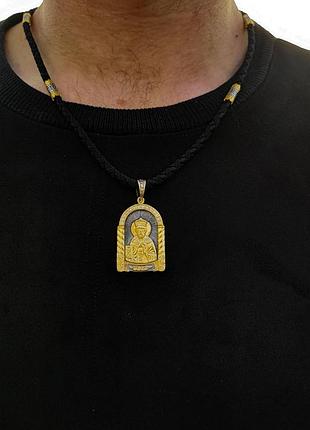 Серебряная ладанка "николай" и шнурок со вставками из серебра 925 пробы с позолотой и чернью 846/4з+л0016з