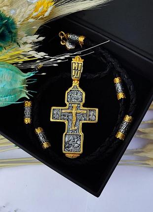 Срібний підвіс і шнурок зі вставками зі срібла 925 проби з позолотою і чорнінням 846/4з+кр0187з