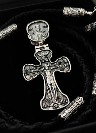 Серебряный подвес и шнурок со вставками из серебра 925 пробы с чернением 846/4+кр0191